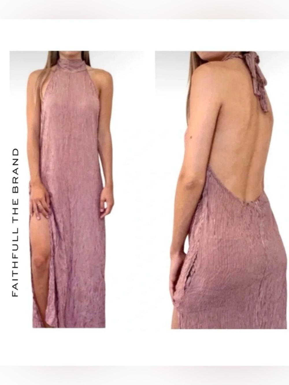 Faithfull The Brand Halter Mirror Door Striped Red Maxi Dress Slit Sides Size 6